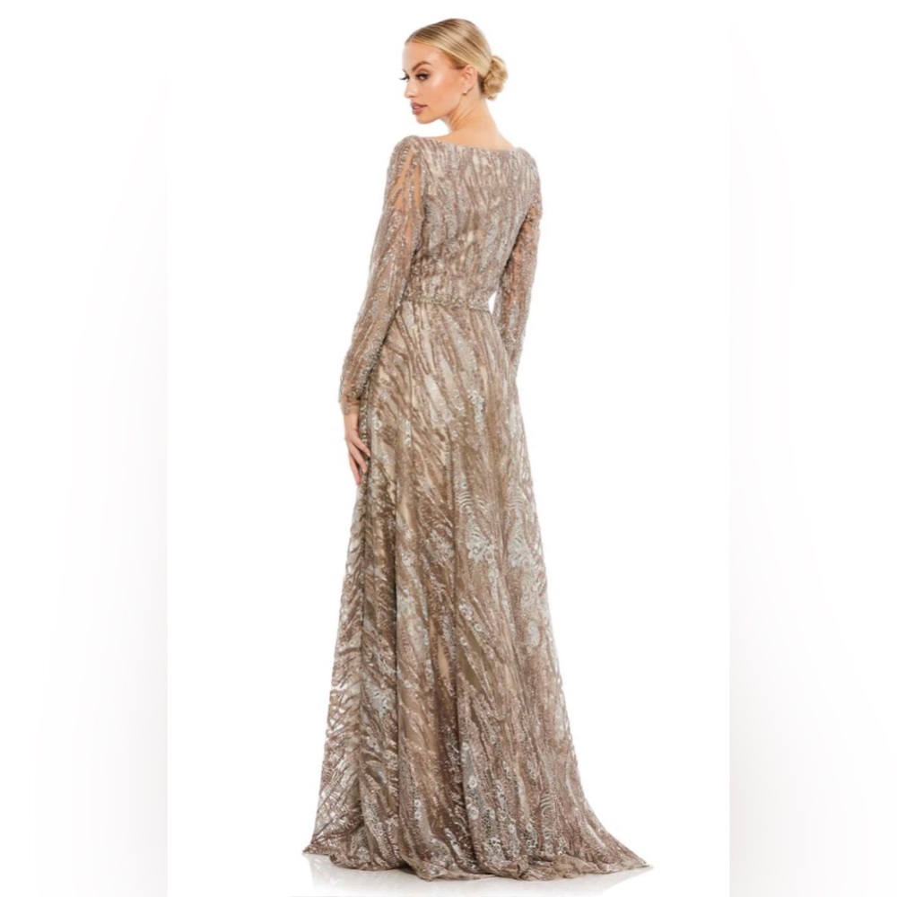 Sequin long sleeve bateau A line gown - Picture 3 of 9